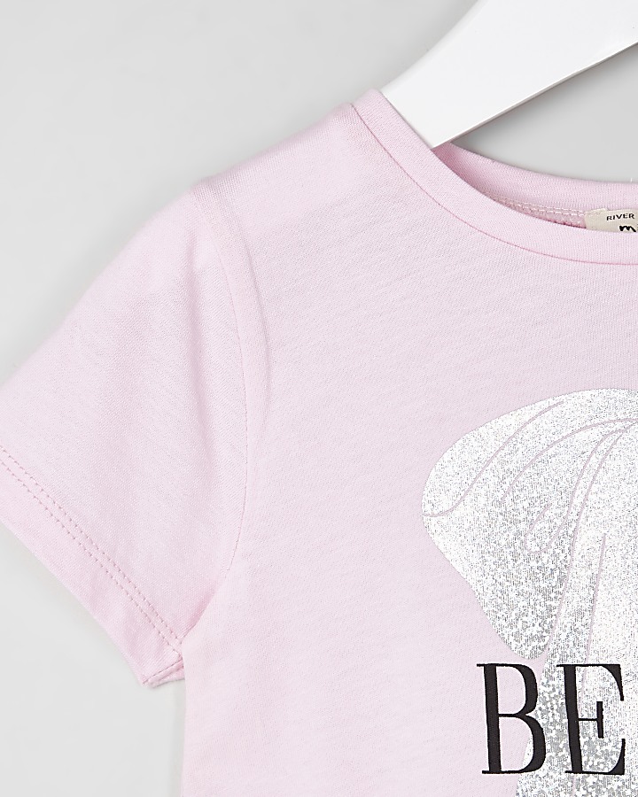 Mini girls pink 'belle' foil print T-shirt