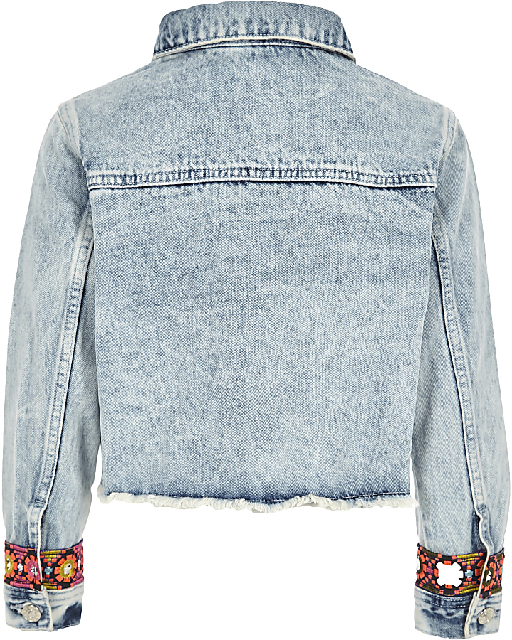 Girls blue embroidered trim denim jacket