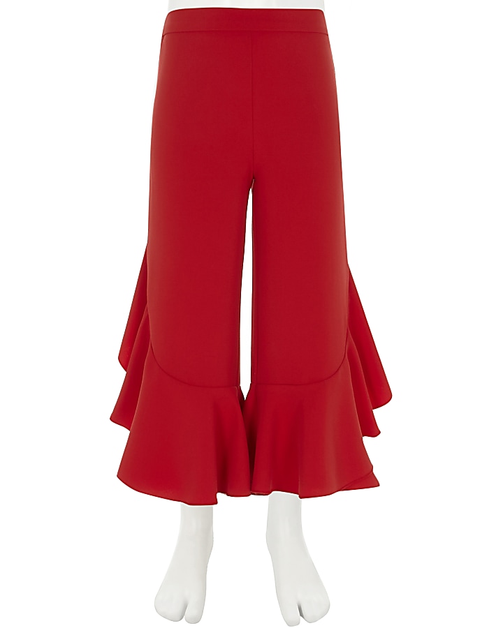 Girls red frill wide leg trousers