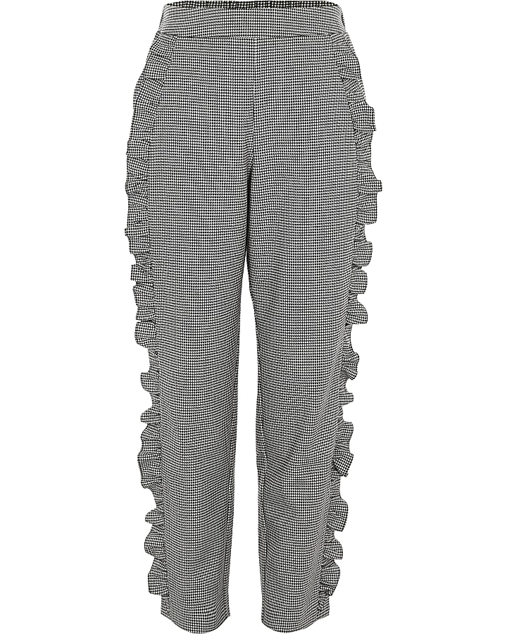 Girls grey dogtooth check ruffle trousers