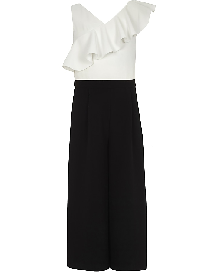Girls black and white frill culotte jumpsuit