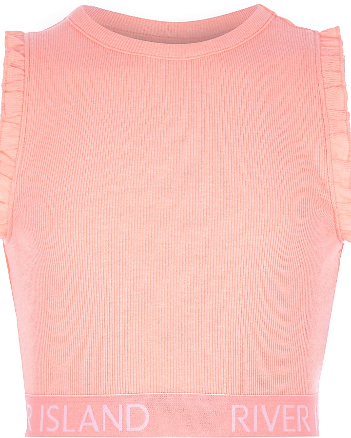 Girls pink RI branded ruffle crop top