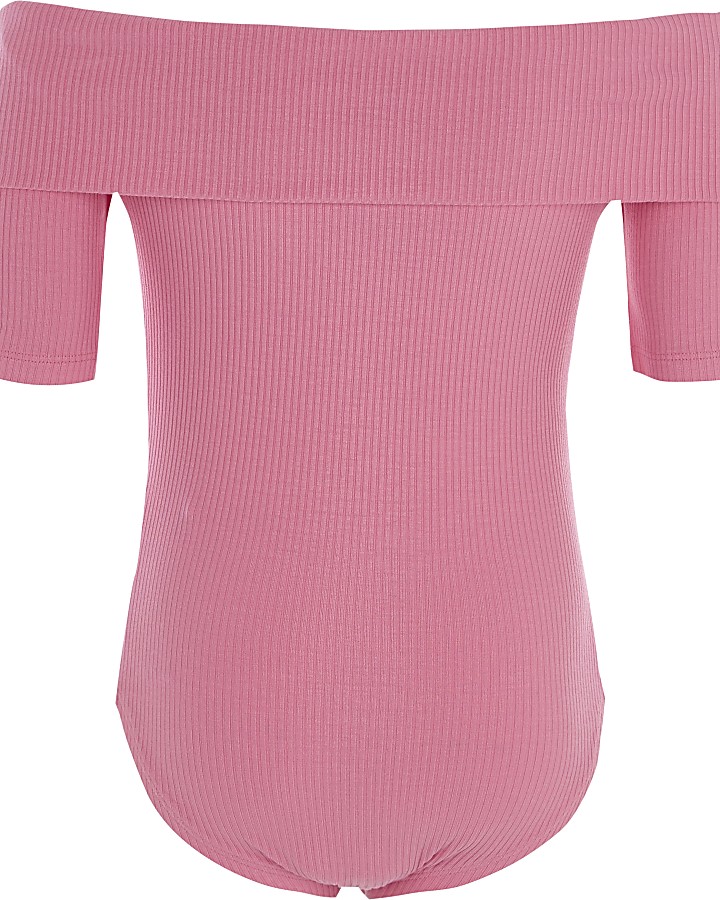 Girls pink ribbed folded bardot bodysuit