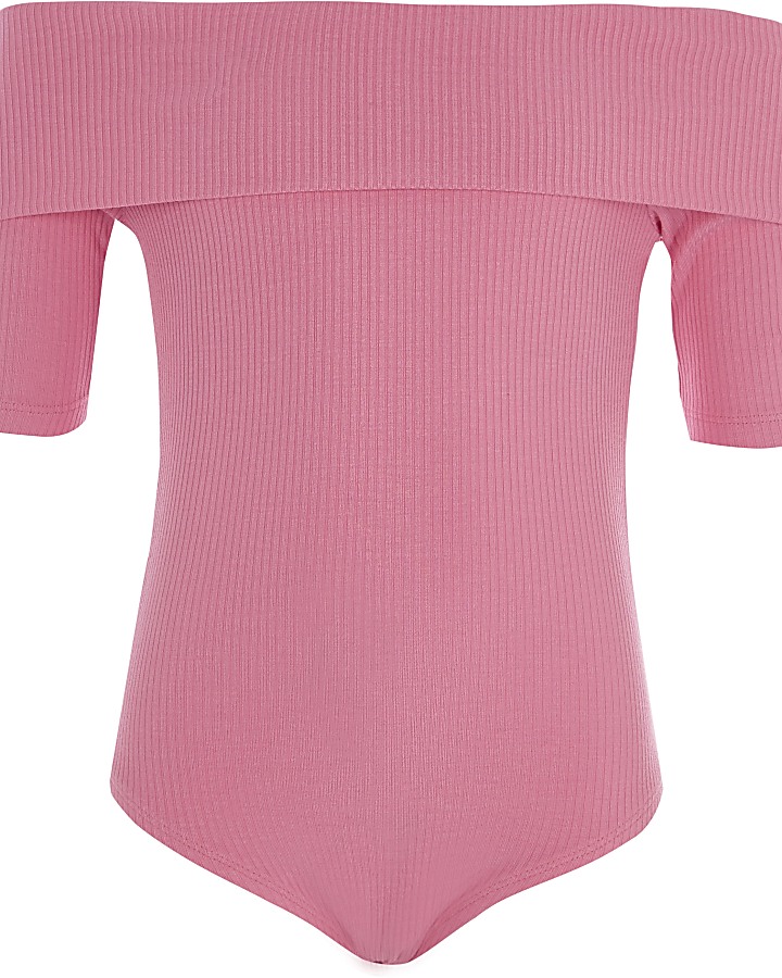 Girls pink ribbed folded bardot bodysuit