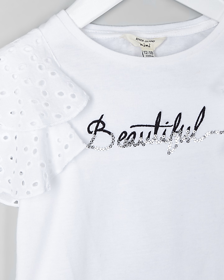 Mini girls white ‘beautiful’ broderie T-shirt