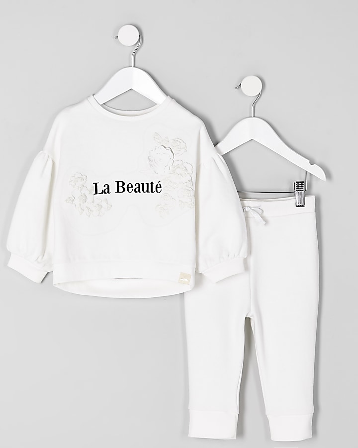 Mini girls cream ‘beaute’ sweatshirt outfit