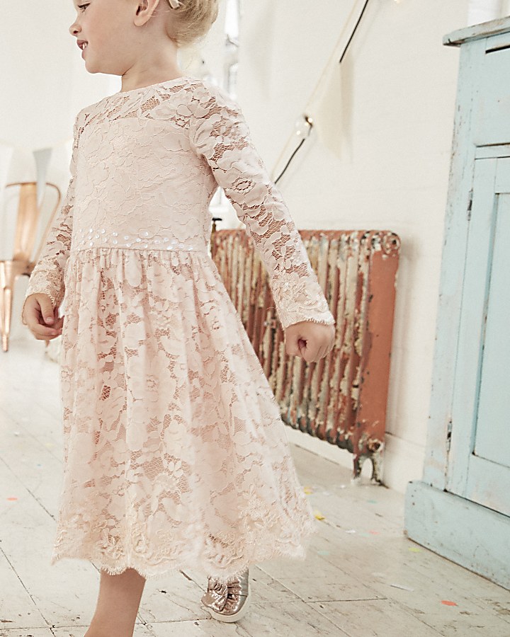 Mini girls pink floral lace flower girl dress