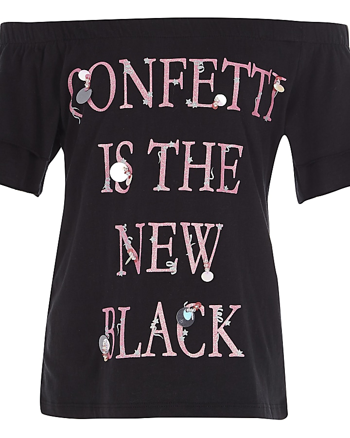Girls black ‘confetti’ sequin bardot top