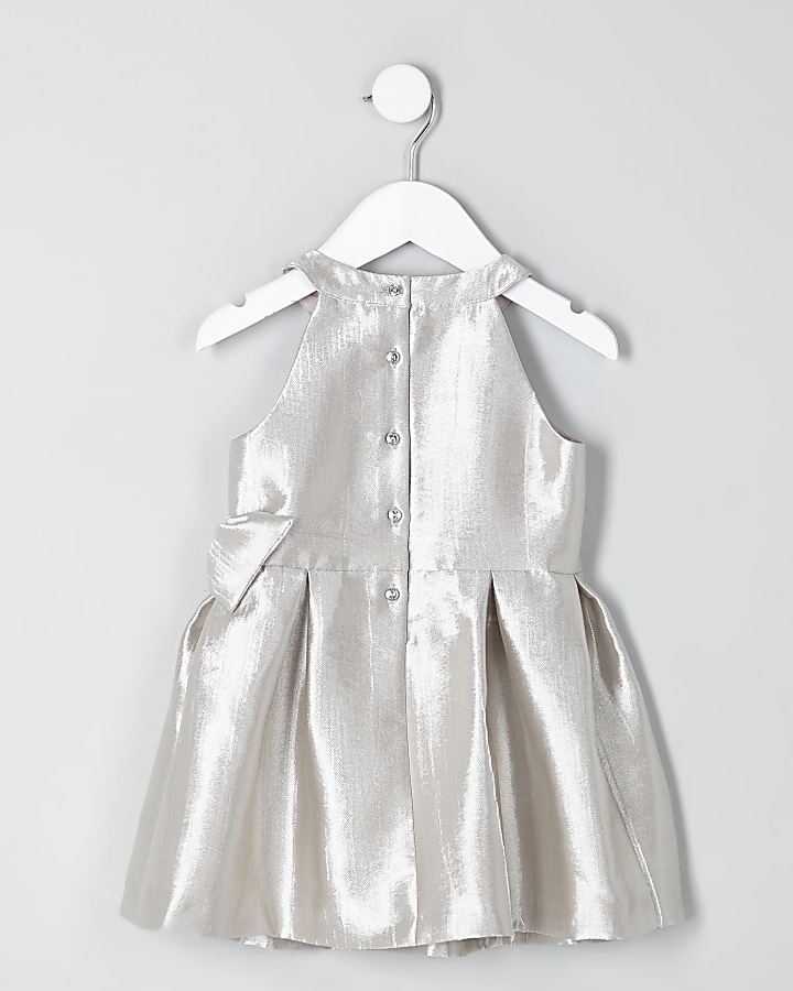 Mini girls metallic silver bow prom dress