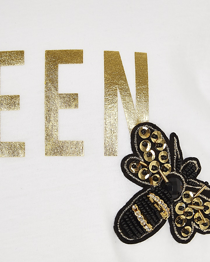 Girls white ‘queen’ bee embellished T-shirt