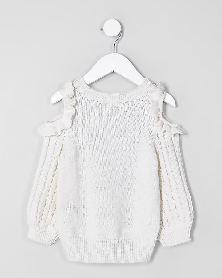 Mini girls white cold shoulder jumper