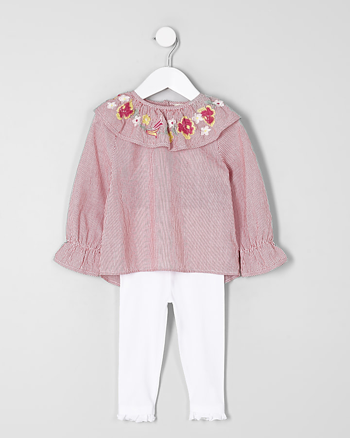 Mini girls red stripe frill collar top outfit