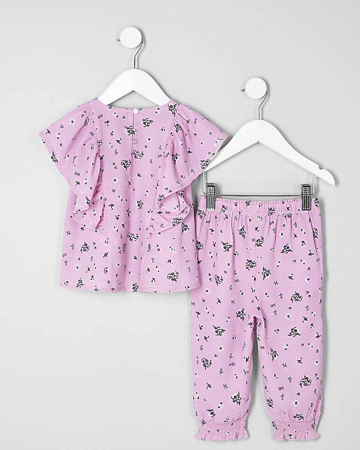 Mini girls pink floral frill top outfit