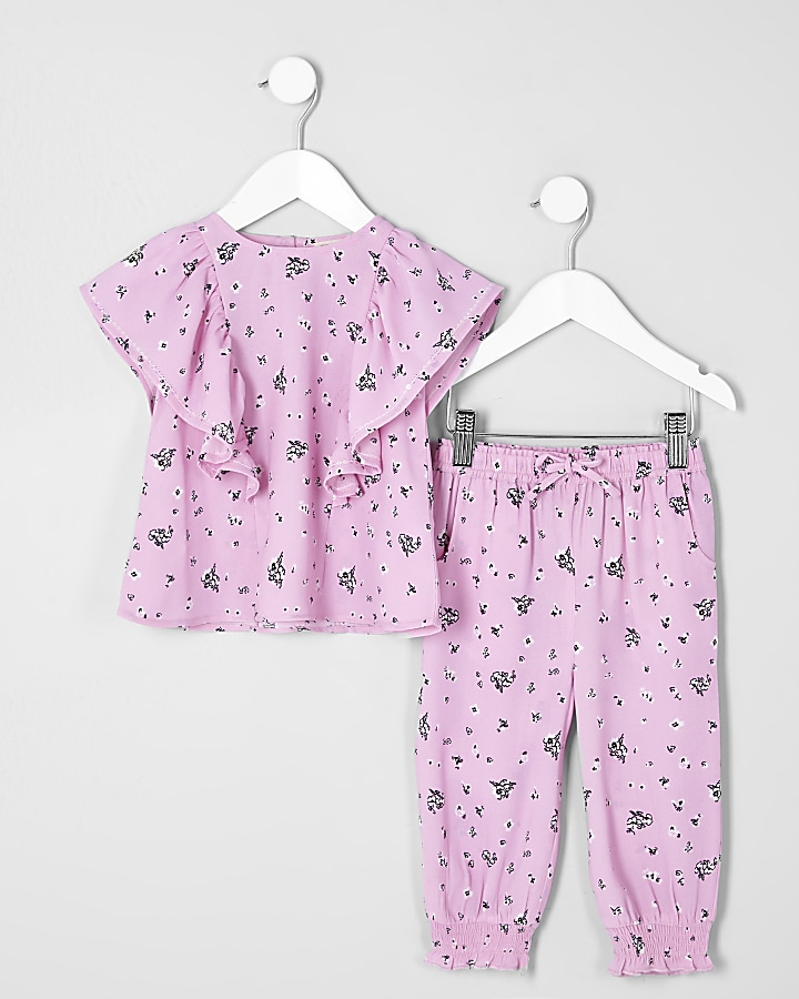 Mini girls pink floral frill top outfit