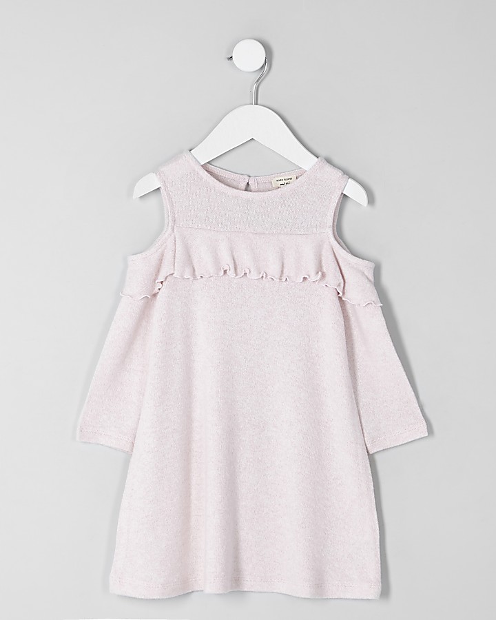 Mini girls pink cold shoulder knit dress