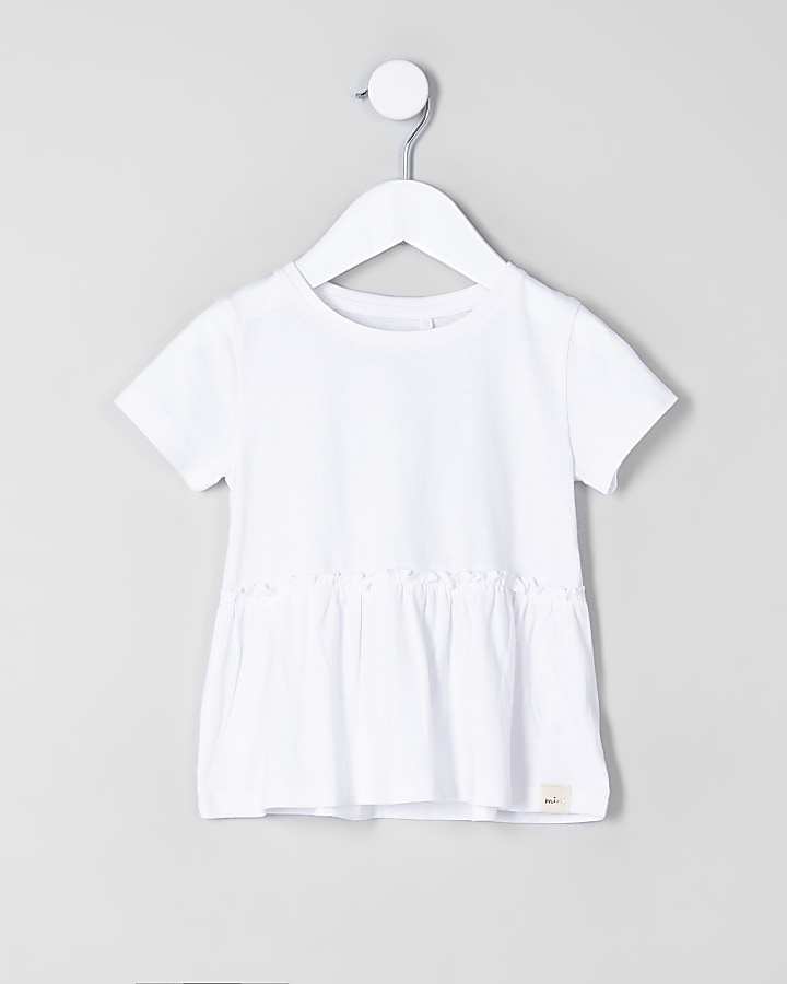 Mini girls white peplum hem T-shirt