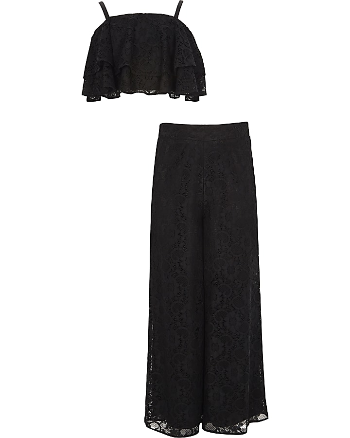 Girls black lace frill palazzo outfit