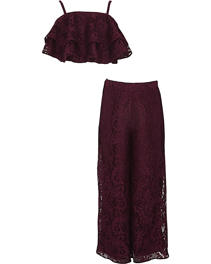 Girls dark red lace frill palazzo outfit