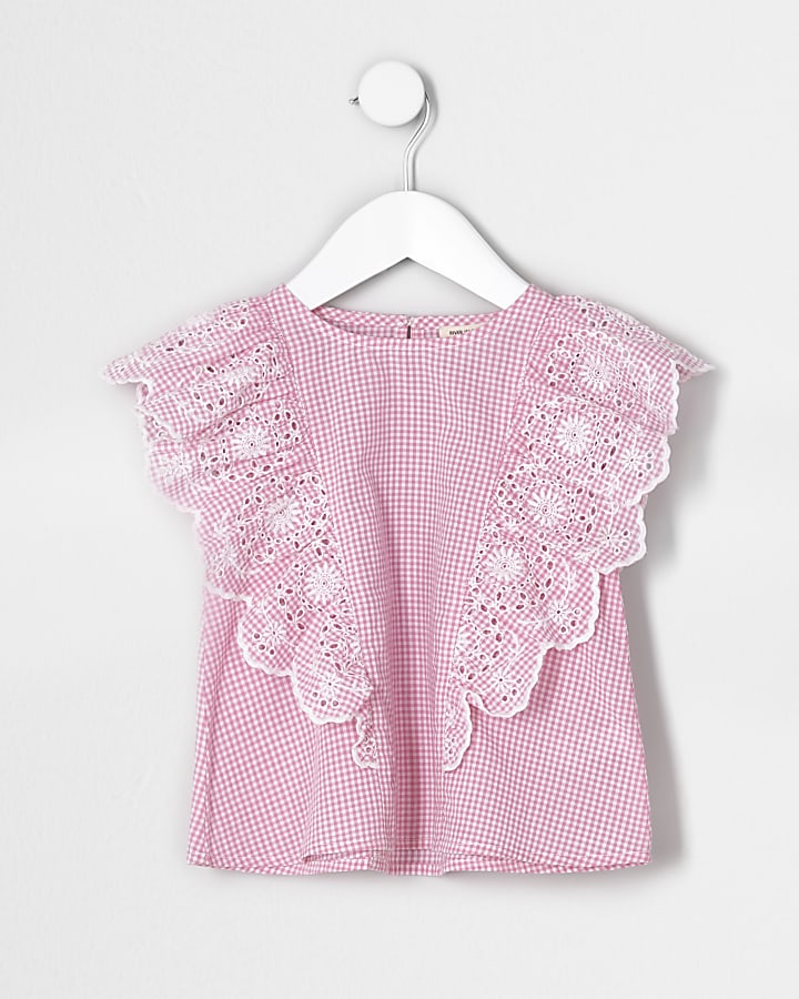 Mini girls red gingham broderie frill top
