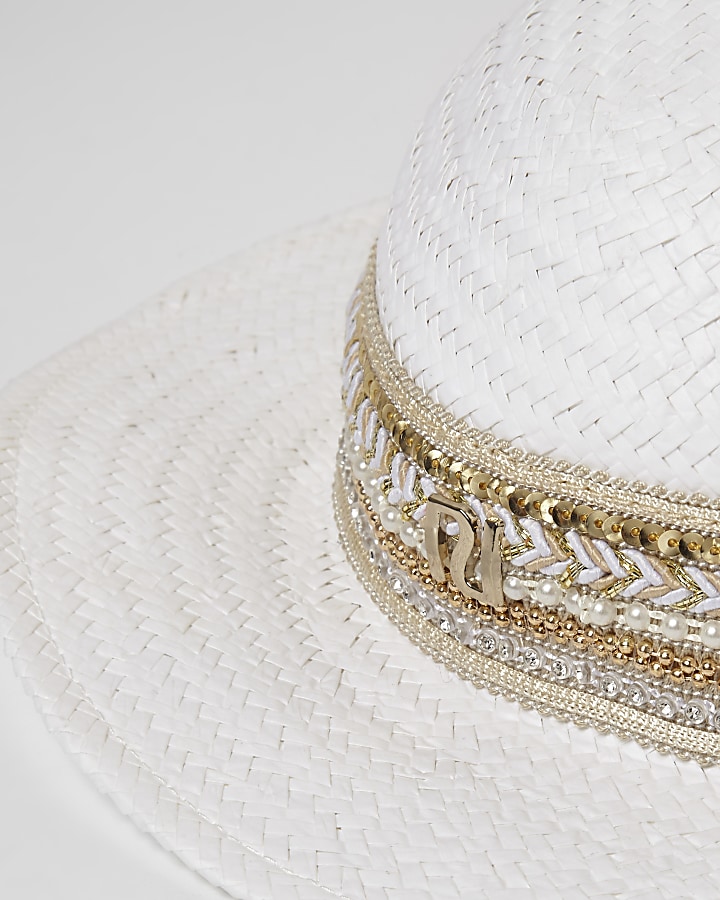 Mini girls white embellished trim straw hat