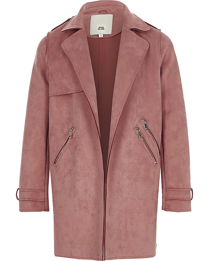 Girls pink faux suede trench coat