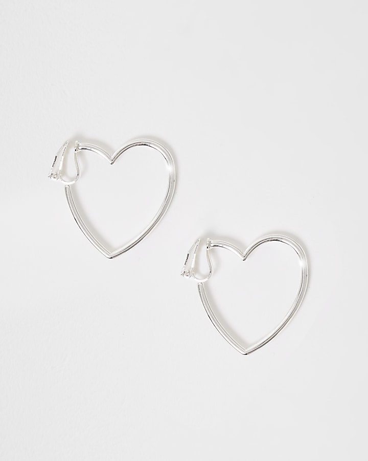 Girls silver tone heart clip on earrings