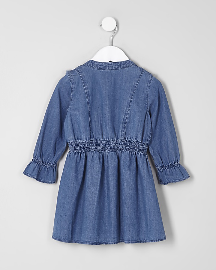 Mini girls blue denim long sleeve frill dress