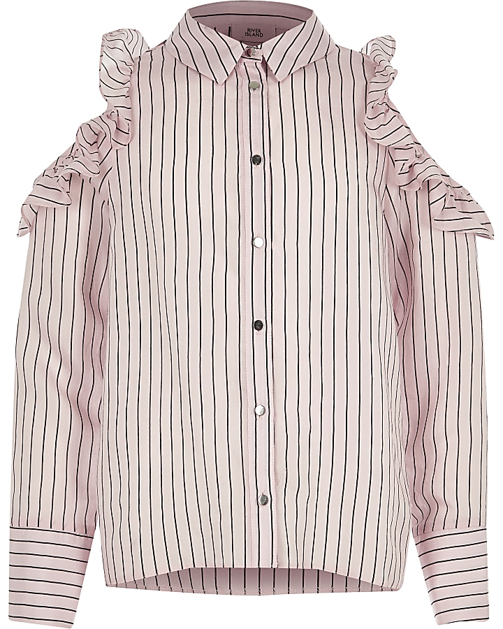 Girls pink stripe frill cold shoulder shirt