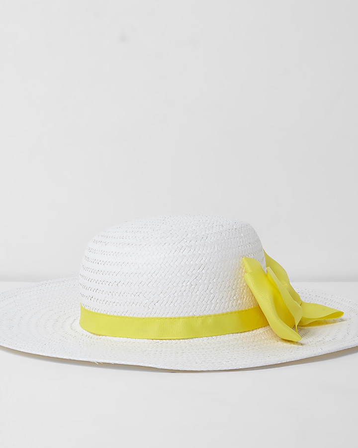 Girls white straw contrast bow sun hat