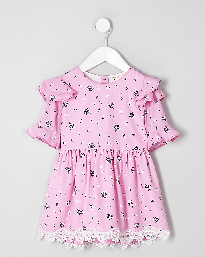 Mini girls pink floral frill shoulder dress