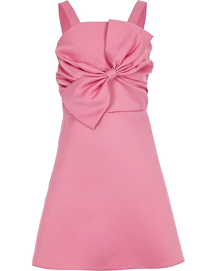 Girls pink satin bow prom dress