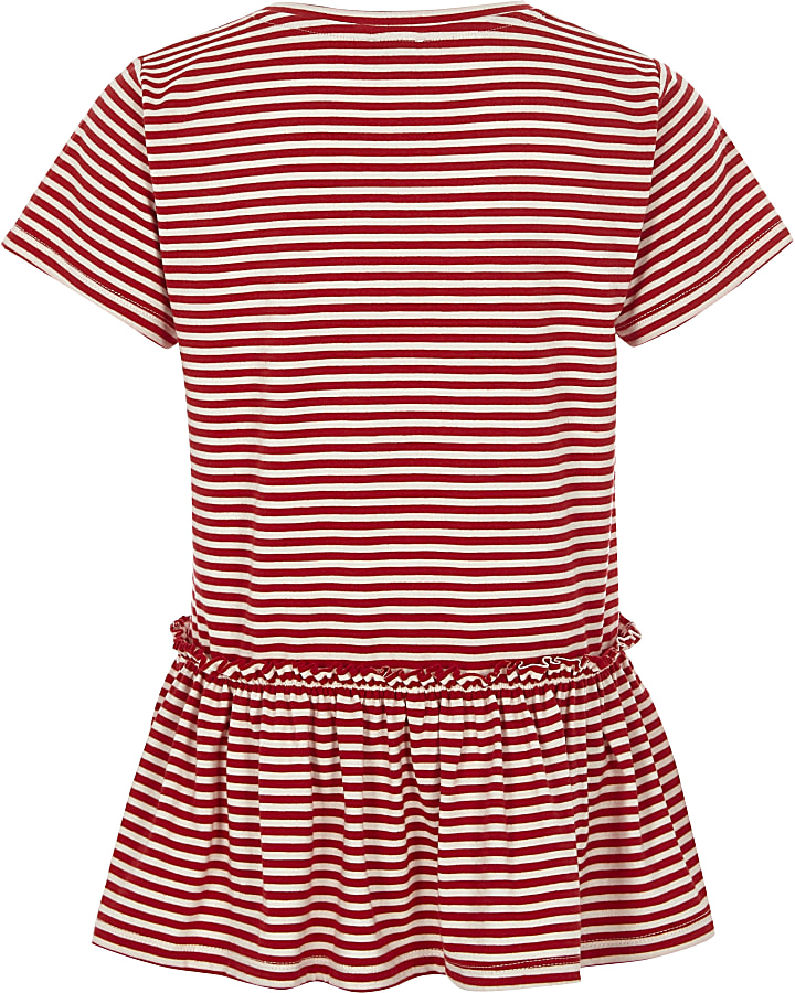 Girls red stripe lace applique frill T-shirt