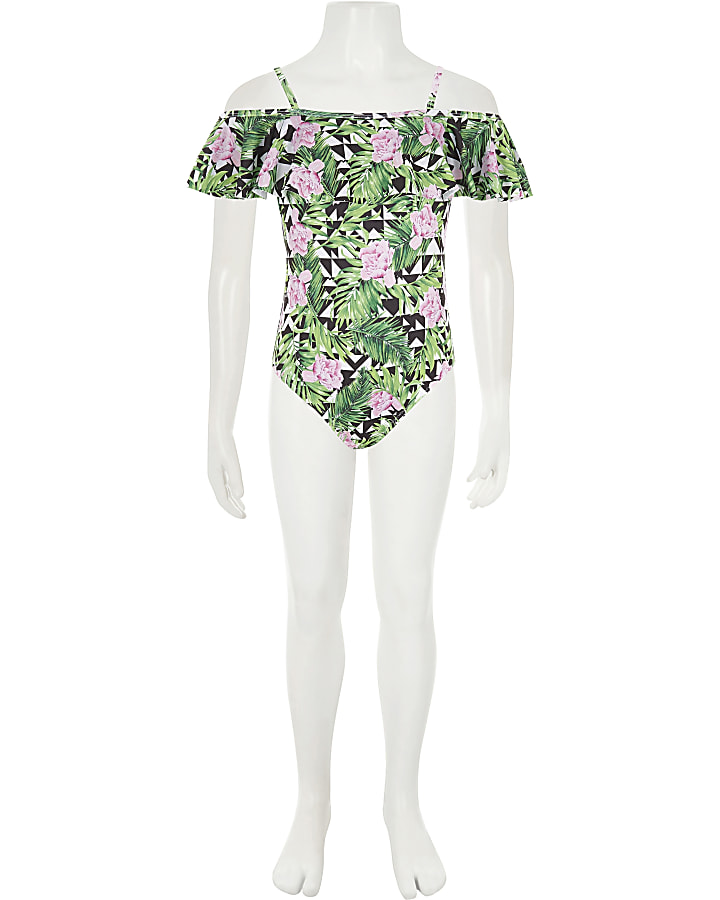 Girls green tropical frill bardot swimsuit