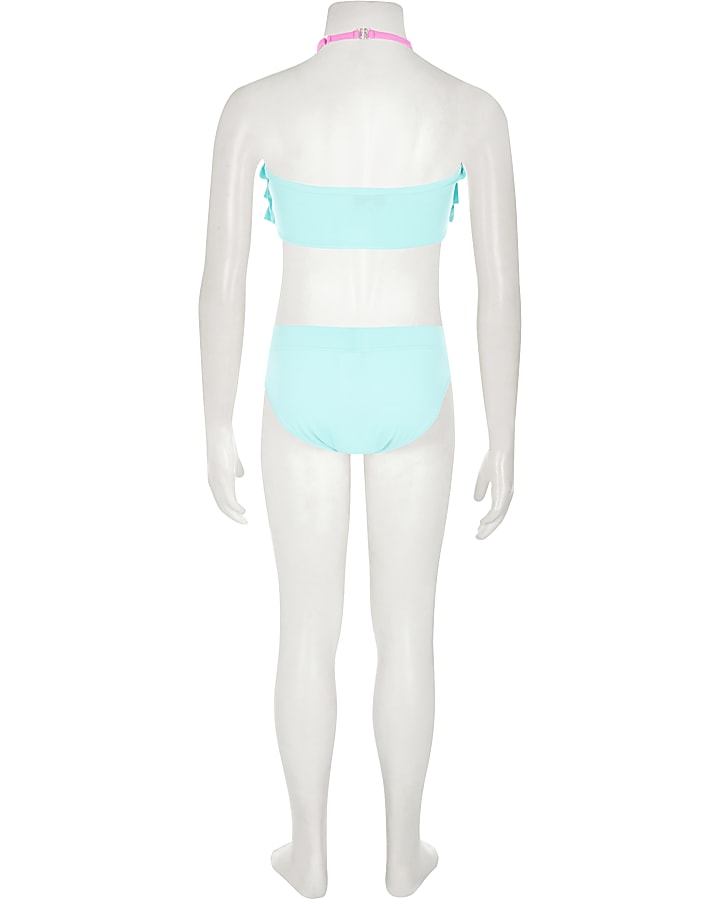 Girls aqua blue ruffle bandeau bikini set