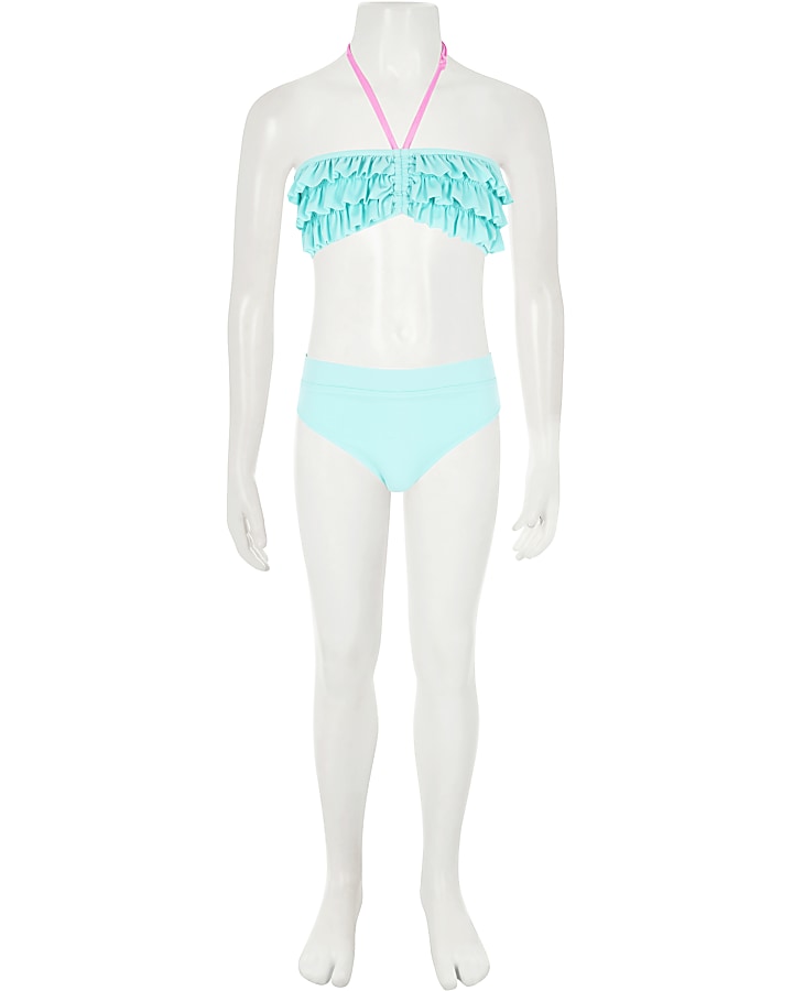 Girls aqua blue ruffle bandeau bikini set