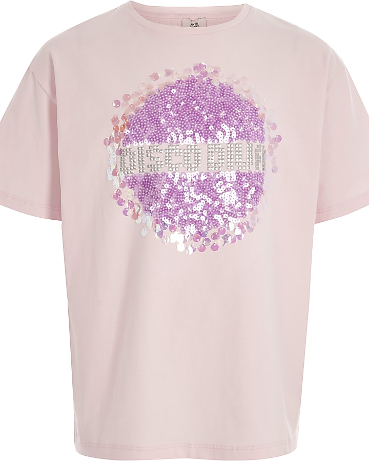 Girls light pink 'disco diva' sequin T-shirt