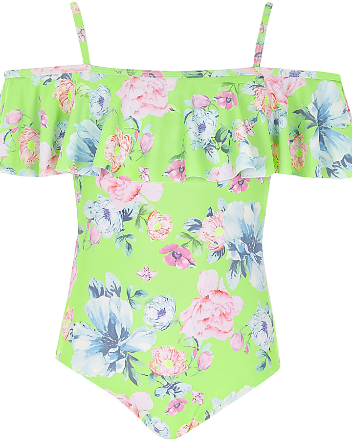 Girls green floral bardot frill swimsuit
