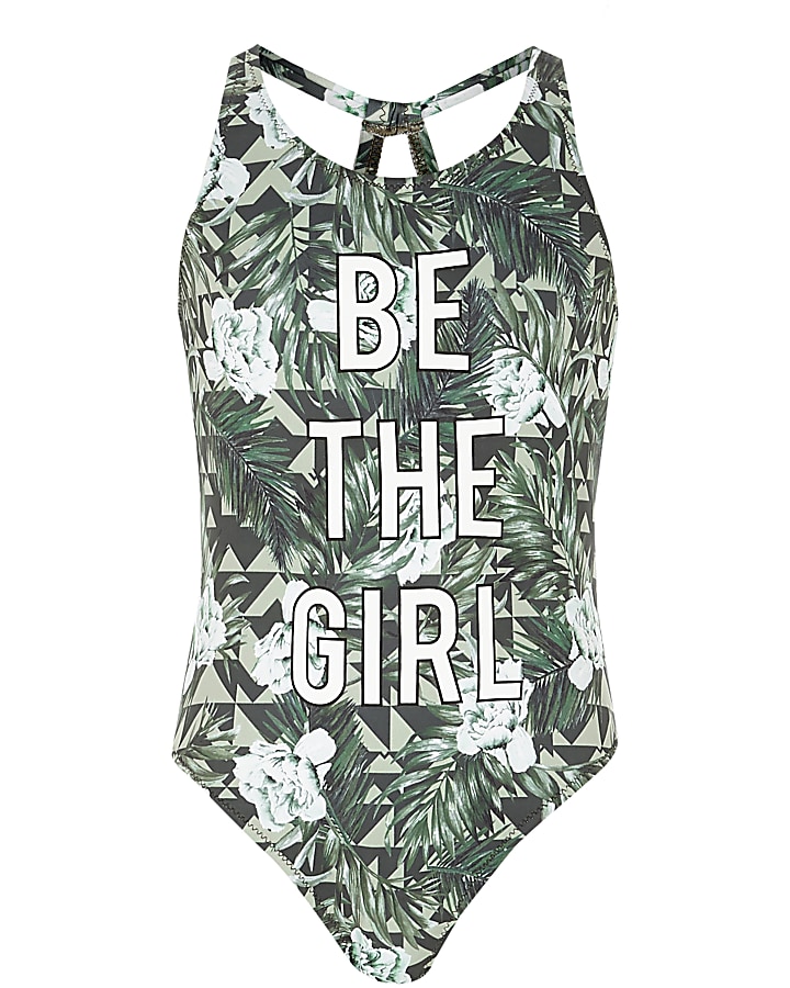 Girls green leaf 'be the girl' print swimsuit