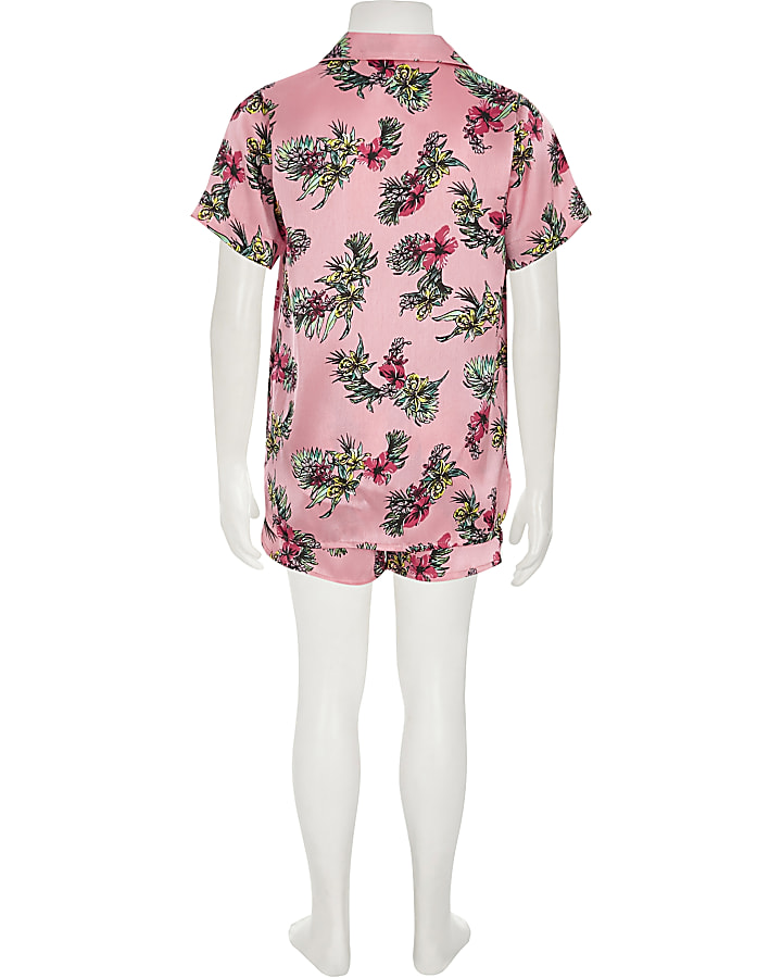 Girls pink satin tropical shirt pyjama set