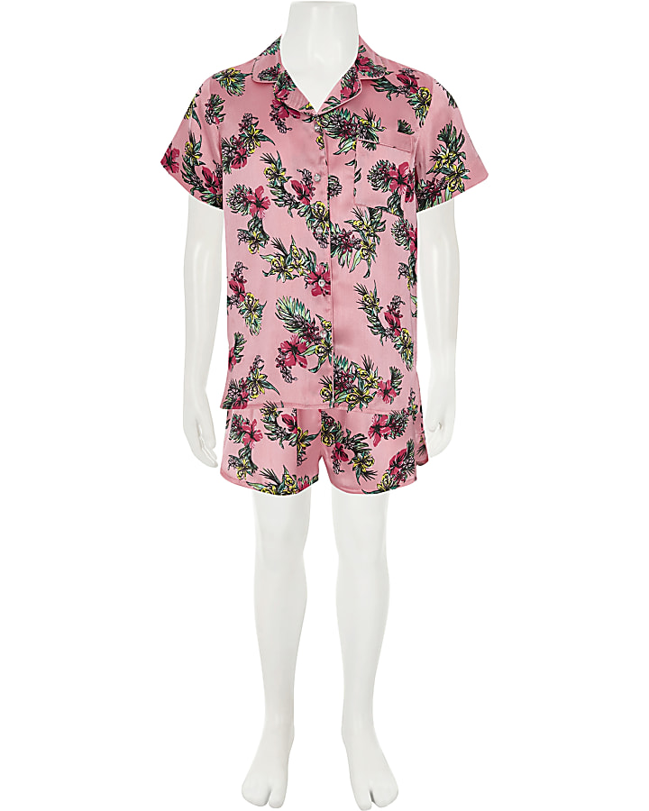 Girls pink satin tropical shirt pyjama set