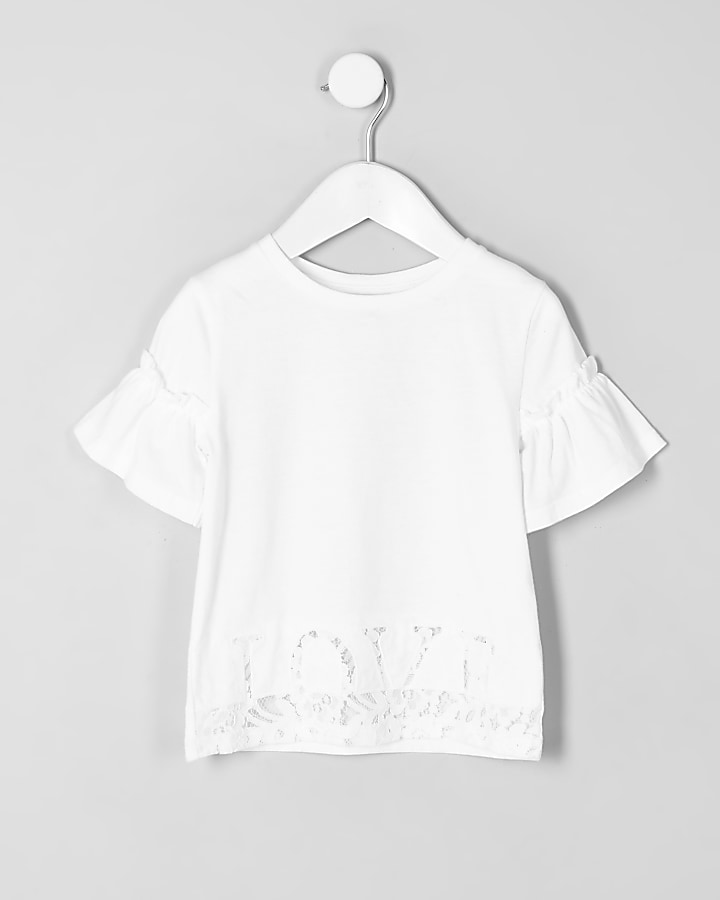 Mini girls white ‘love’ lace hem T-shirt
