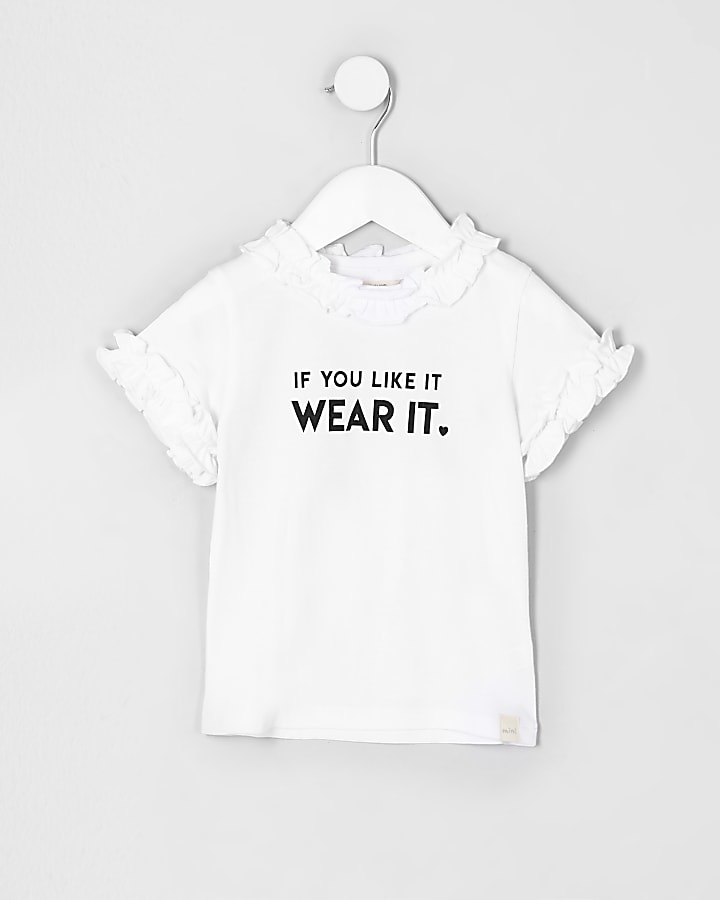 Mini girls white ‘if you like’ ruffle T-shirt