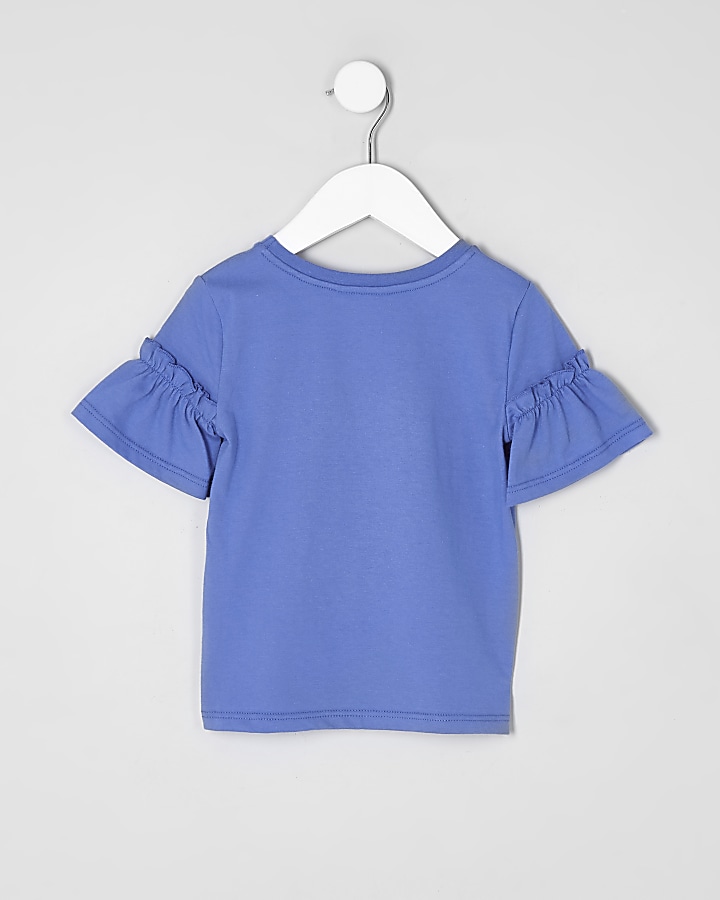 Mini girls blue ‘love’ lace hem T-shirt