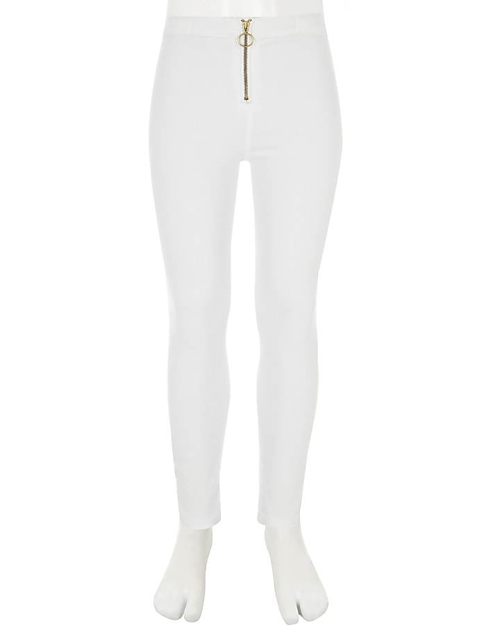 Girls white Molly zip front jeggings