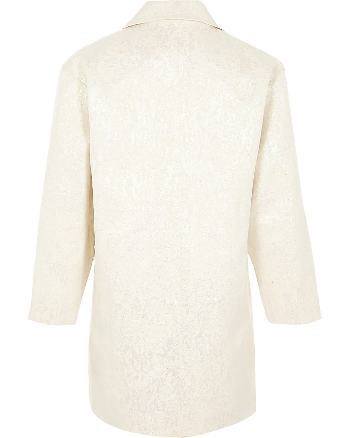 Girls white iridescent jacquard brooch coat