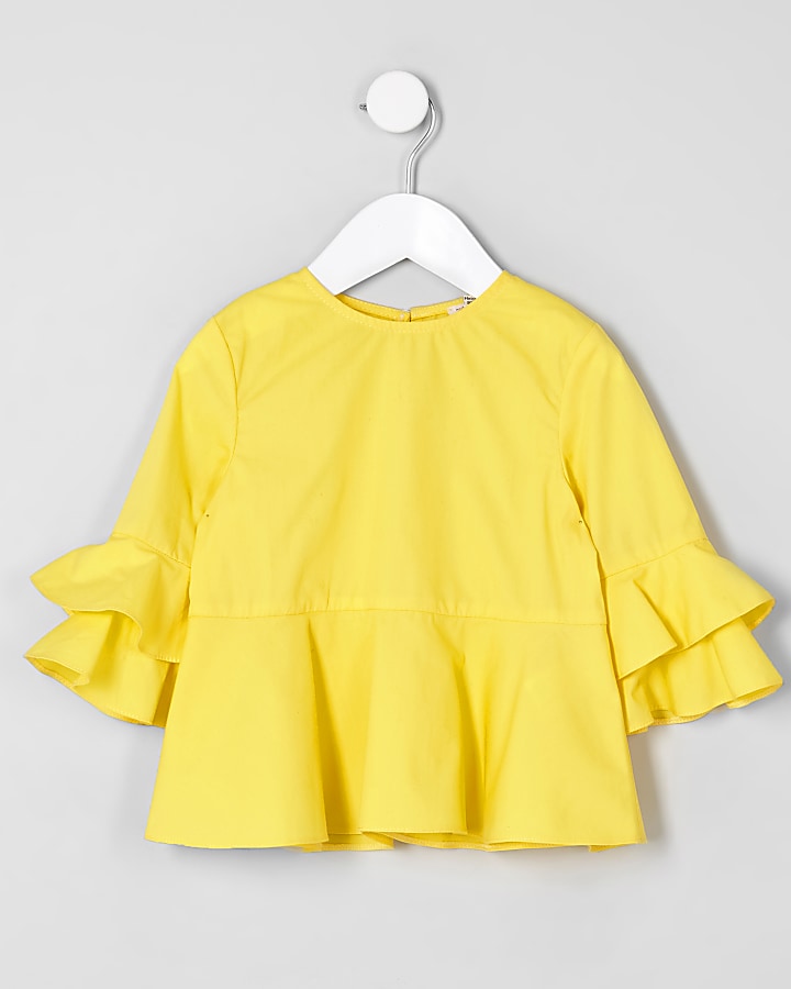 Mini girls yellow frill sleeve top