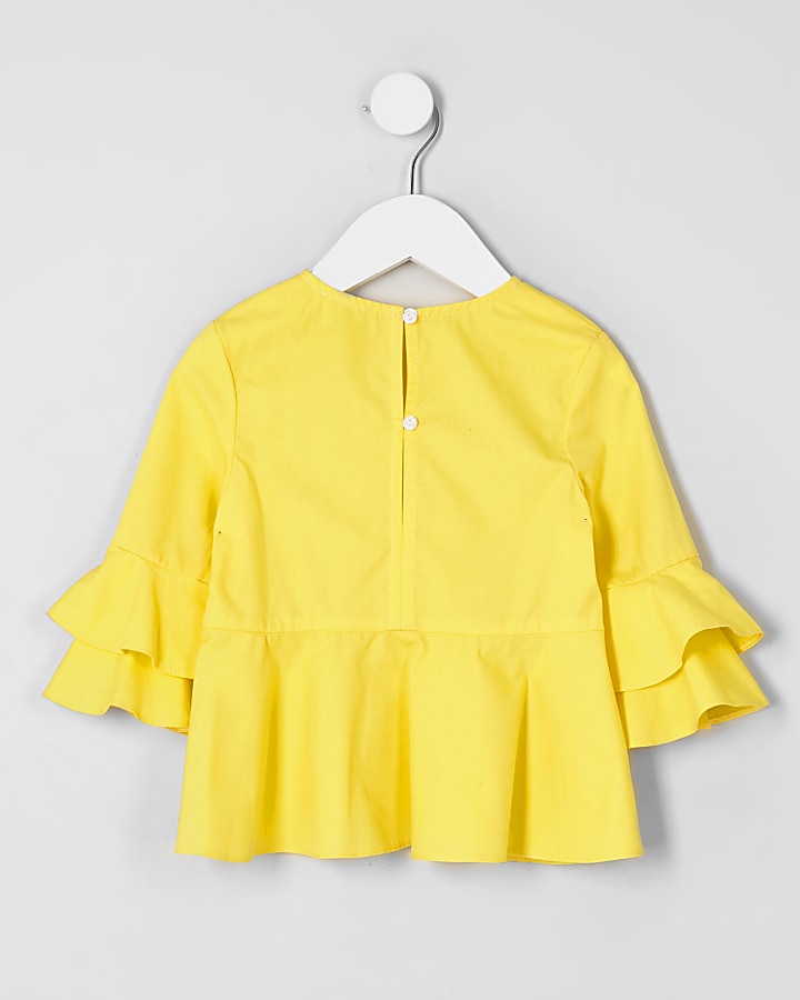 Mini girls yellow frill sleeve top