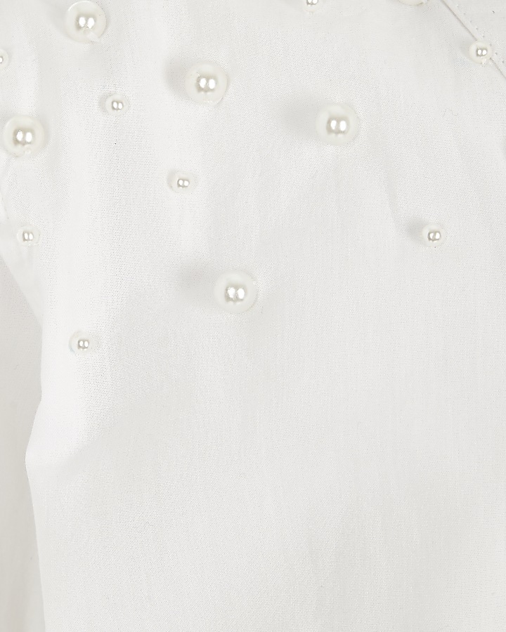 Girls white faux pearl embellished tie shirt