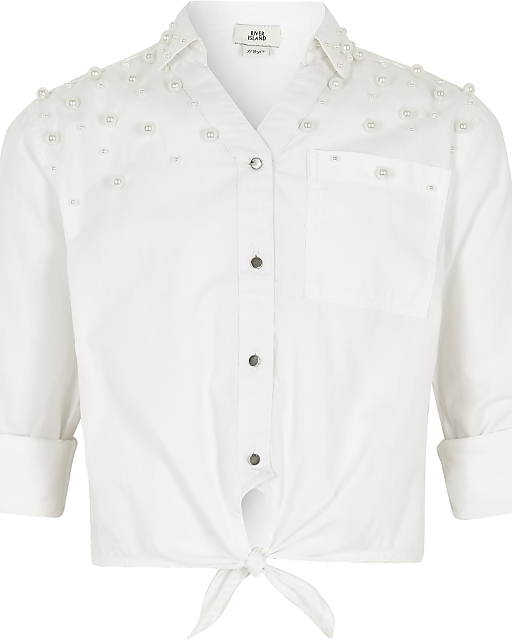 Girls white faux pearl embellished tie shirt