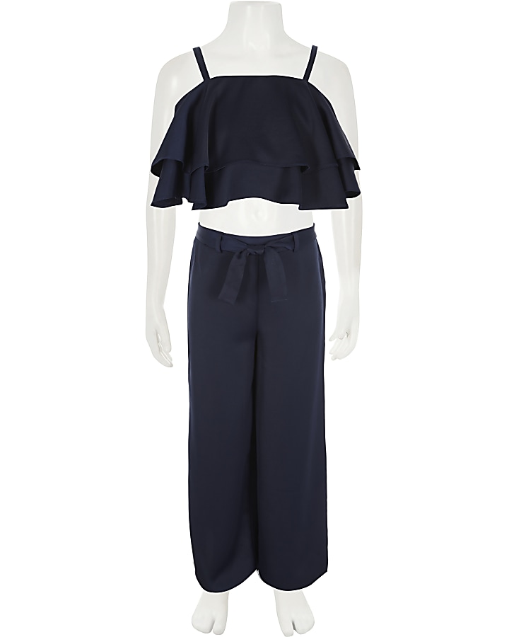 Girls navy satin layer crop top outfit